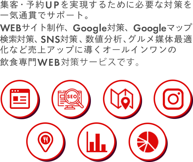集客・予約UPを実現するために必要な対策を一気通貫でサポート。 WEBサイト制作、Google対策、Googleマップ検索対策、SNS対策、数値分析、グルメ媒体最適化など売上アップに導くオールインワンの飲食専門WEB対策サービスです。